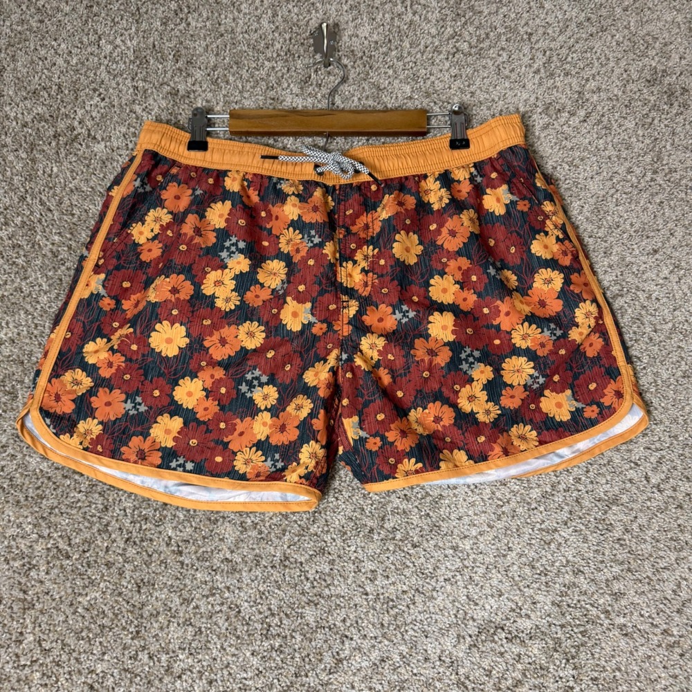 Maamgic Mens Floral Swim Trunks Orange Yellow Daisy Mesh Lined Board Shorts XL